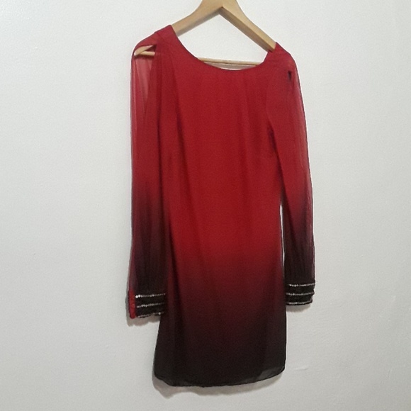 A.BYER ELEGANT LONG SLEEVES RED AND BURGUNDY DRESS - Picture 2 of 5
